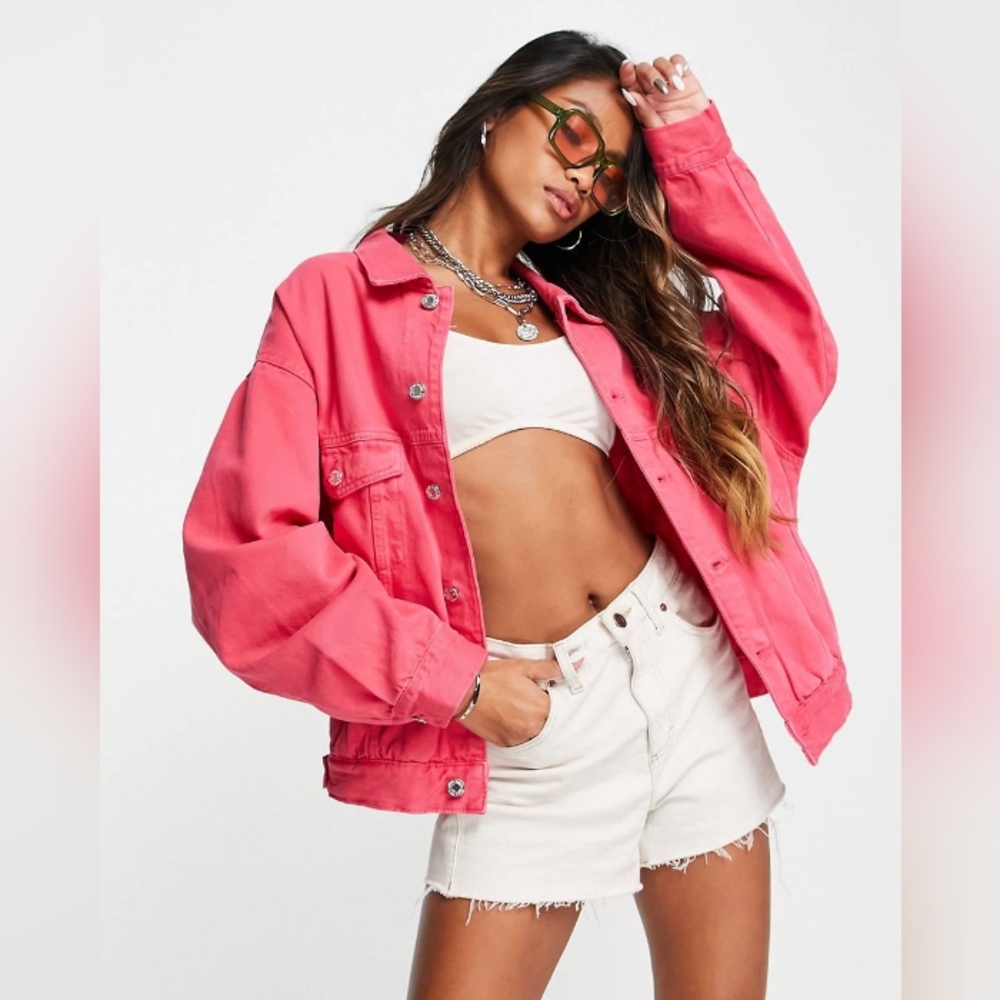 Bershka Oversized Denim Jacket in Bright Pink New XS/S